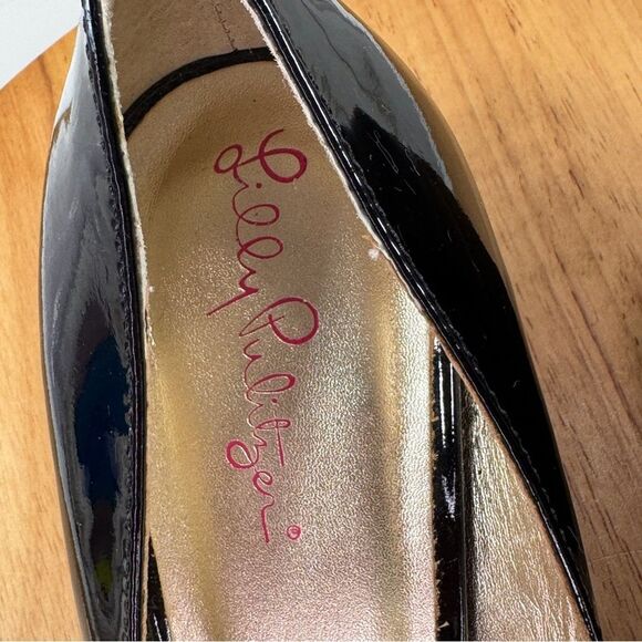 Lilly Pulitzer Patent Leather Peep Toe Wedge Heels Black 36.5 US 6 - Picture 11 of 13